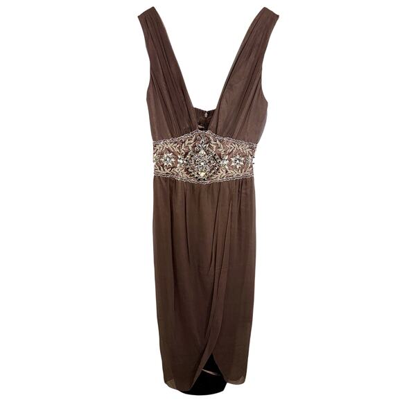 NWT Mandalay Stone Brown Silk Beaded Embellished Midi Evening Dress Women Size 6